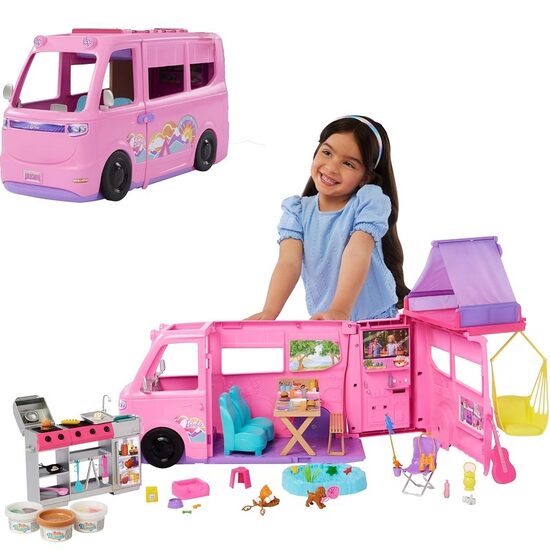 Mattel HRJ78 Barbie Super Adventure Camper Playset 60 aksesuāri