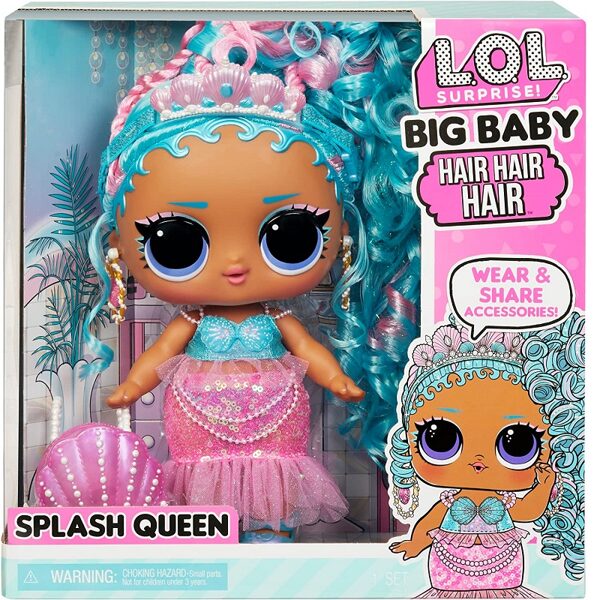 MGA 579724 - LOL Surprise Big Baby Hair Hair Hair Doll, Splash Queen with 14 Surprises lelle 27cm